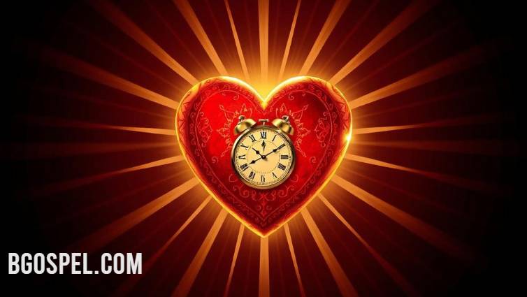 Cœur lumineux avec horloge symbolisant l'amour divin et la