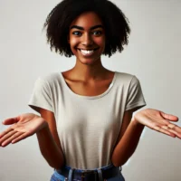 DALL·E 2024-12-28 18.53.27 – A young Black woman with a bright smile, standing with her hands gesturing to the left, in a welcoming and inviting pose. The background is plain whit
