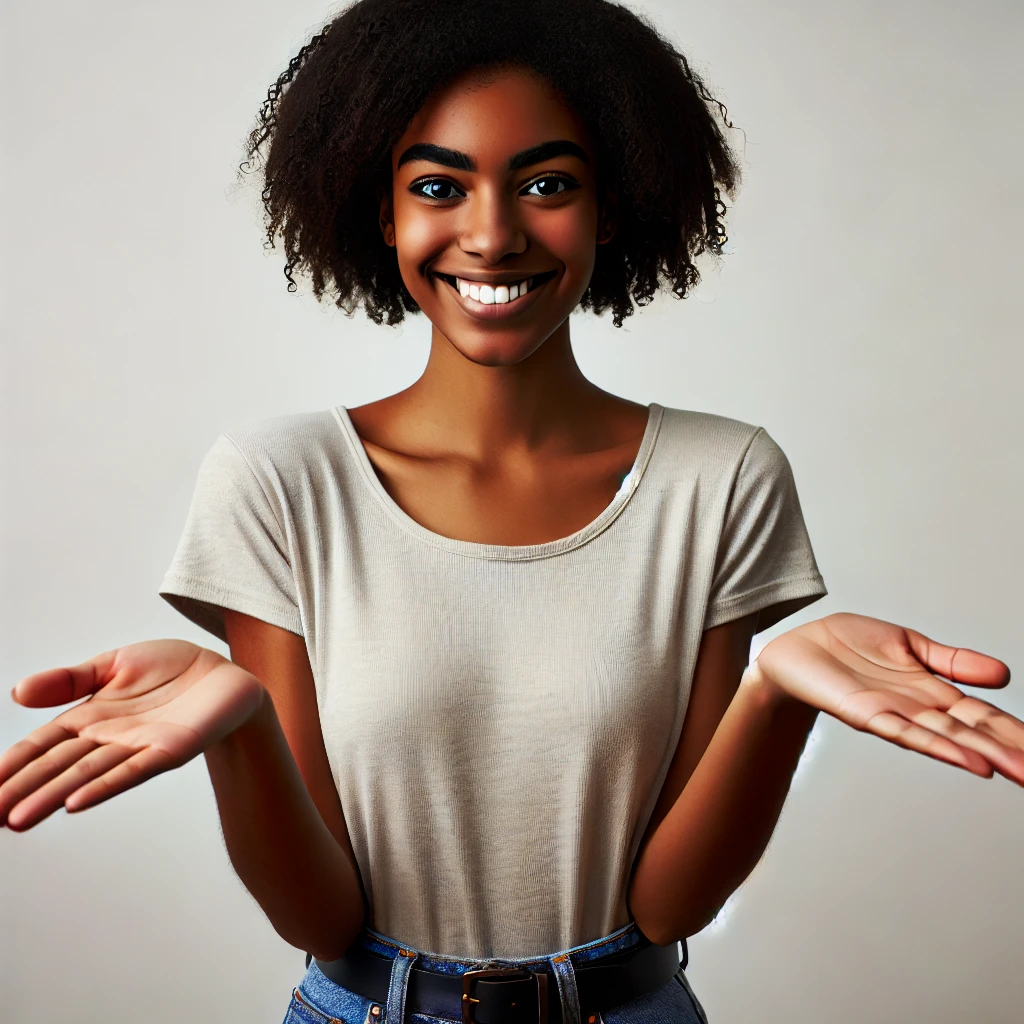 DALL·E-2024-12-28-18.53.27-A-young-Black-woman-with-a-bright-smile-standing-with-her-hands-gesturing-to-the-left-in-a-welcoming-and-inviting-pose.-The-background-is-plain-whit